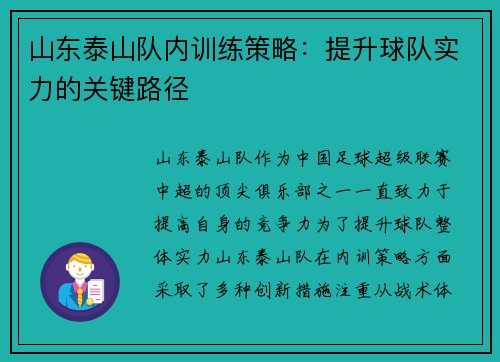 山东泰山队内训练策略：提升球队实力的关键路径